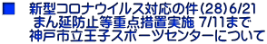 ■　新型コロナウイルス対応の件(２８)６/２１ 　　 まん延防止等重点措置実施 7/11まで 　　神戸市立王子スポーツセンターについて