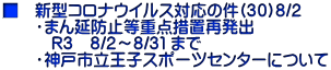 ■　新型コロナウイルス対応の件(３０)８/２ 　　・まん延防止等重点措置再発出 　　　R３　８/２〜８/３１ まで 　　・神戸市立王子スポーツセンターについて